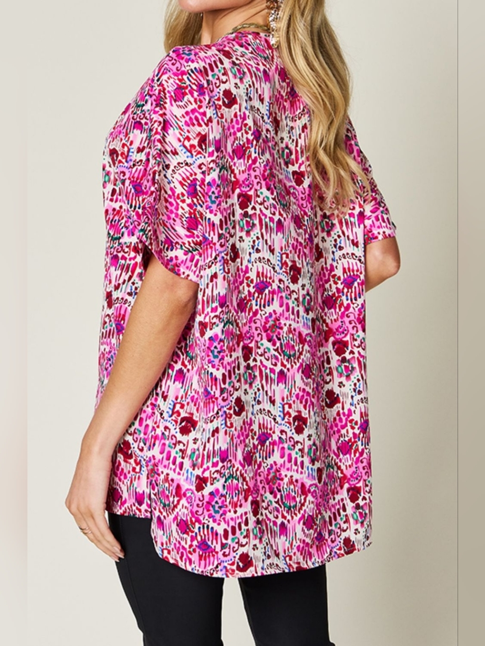 Women's Pink Print V-Neck Tunic Top- Double Take A Just Jen Fav!! Spring Top - Picture 4 of 10
